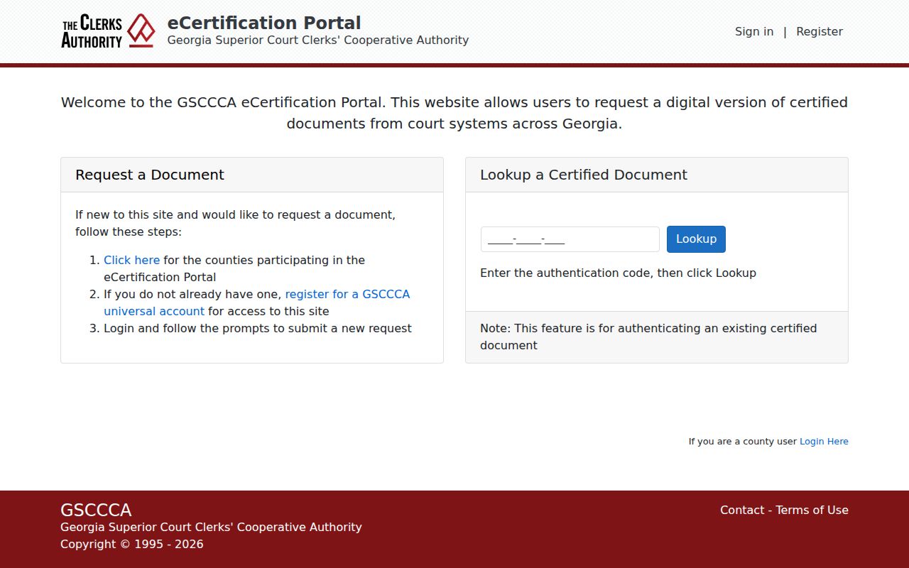 Marion County court records GSCCCA eCertification request portal